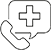 The image displays a digital graphic with a stylized representation of a cell phone icon on the left side, featuring a white telephone receiver with a black handset, and a square with a plus sign inside on the right, suggesting an application or service related to healthcare or medical assistance.